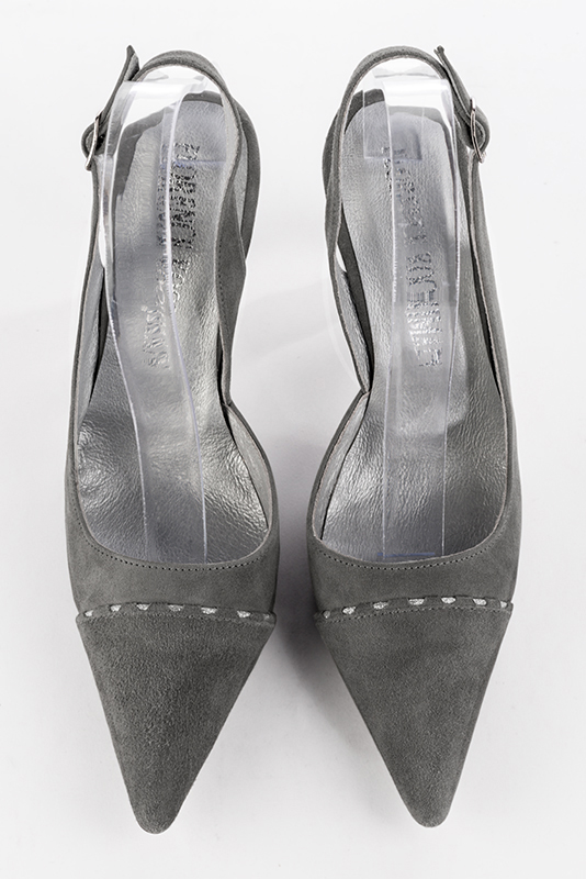 Dove grey and light silver women's slingback shoes. Pointed toe. High slim heel. Top view - Florence KOOIJMAN